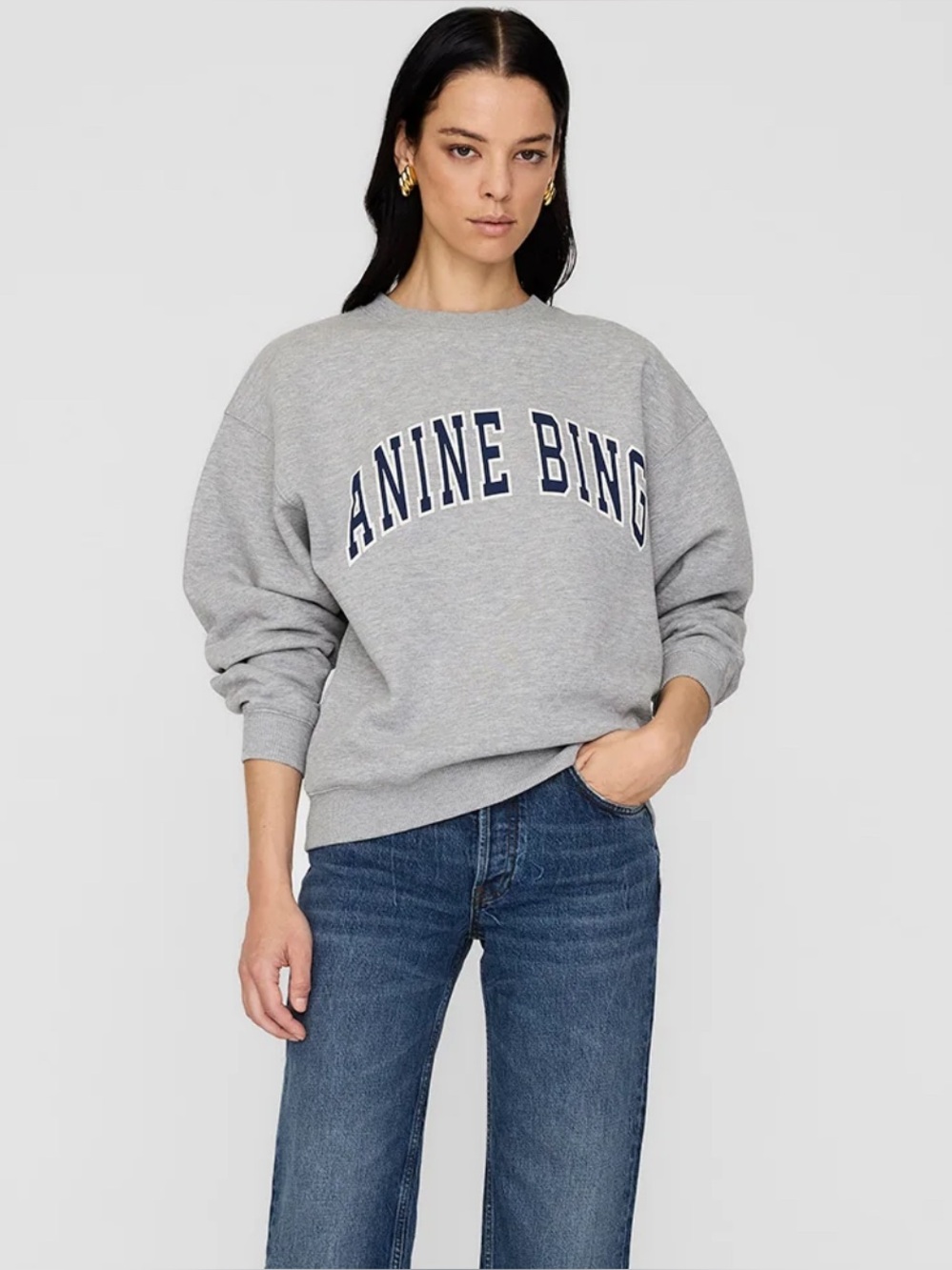 Anine Bing Spencer Sweatshirt in Medium Heather Grey with Navy *Flaw*
